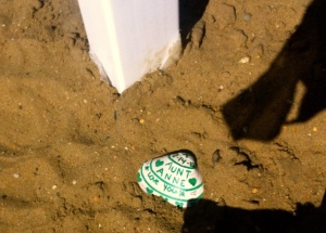 In the sand at the foot of the sign at Anne's playground are three shells with special messages for Murphy from her family.