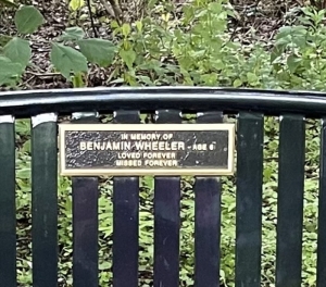 This memorial bench dedicated to Benjamin Andrew Wheeler can be found in a park in Newtown called The Pleasance.